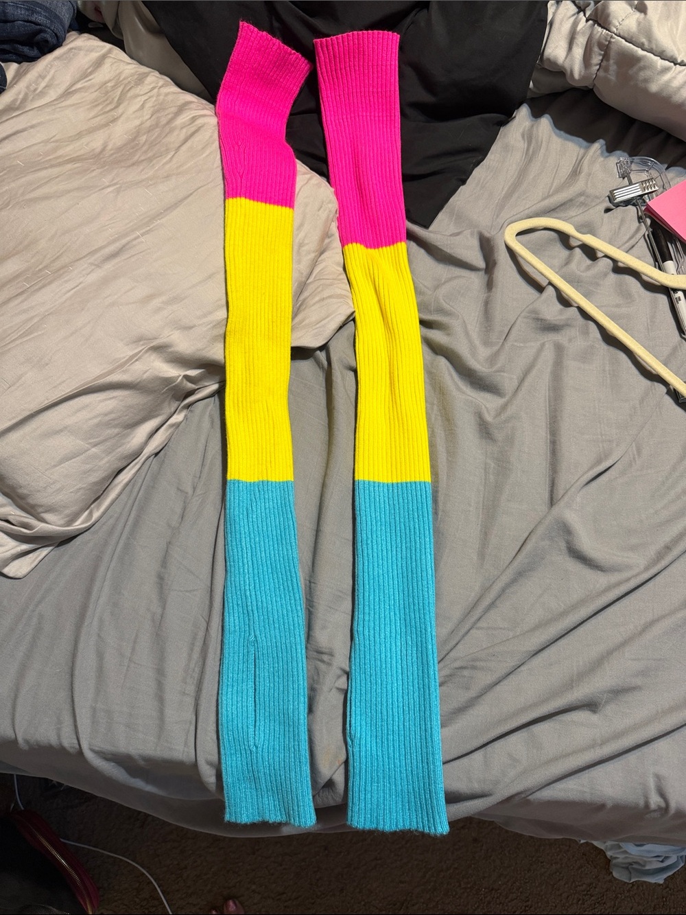 Women's Colorblock Ribbed Leg Warmers in Pink, Yellow & Blue
